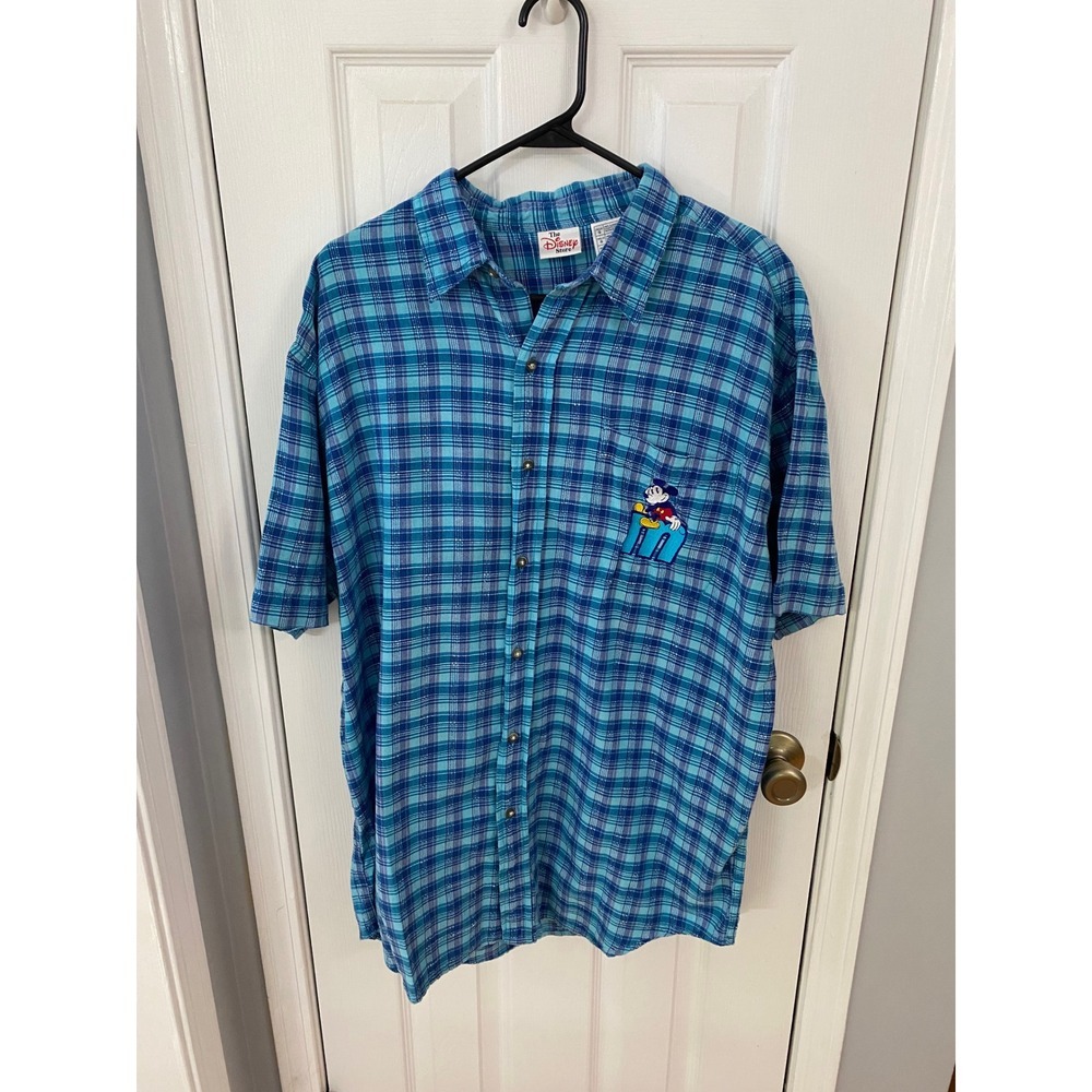 The Disney Store Button Down Mens Large Blue Plaid Mickey Mouse Vintage Shirt